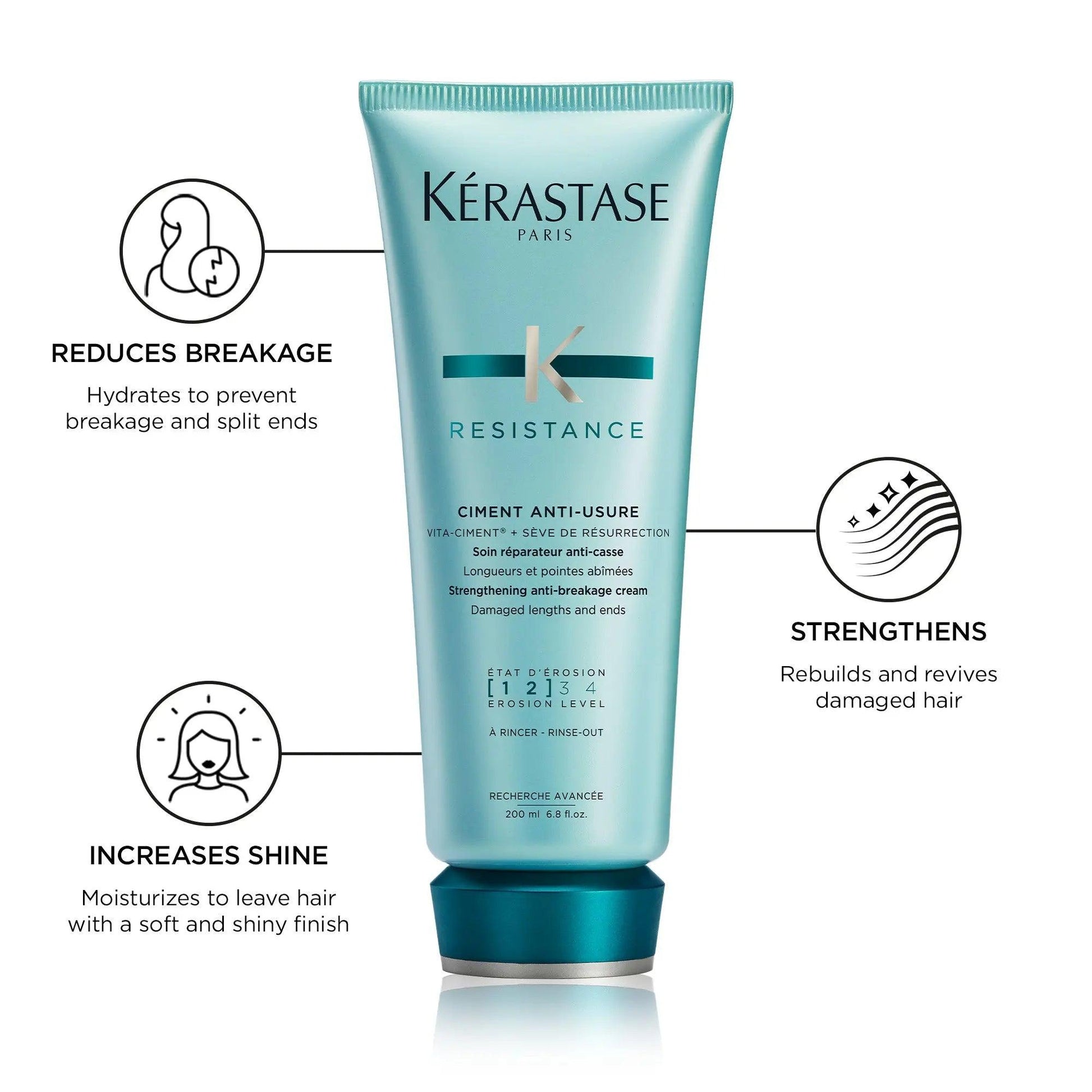 Kérastase Resistance Ciment Anti-Usure Treatment Cream reduces breakage, strengthens, and increases shine for damaged hair.