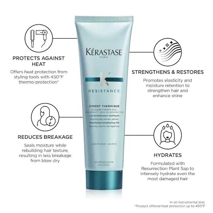 Kerastase Resistance Ciment Thermique heat protectant cream for hair, reduces breakage, strengthens, restores, and hydrates for enhanced shine.