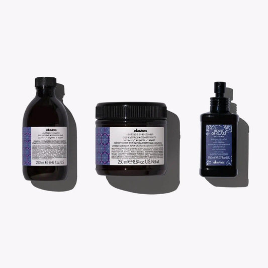 Davines Color Protecting Set for Blondes, including shampoo, conditioner, and Heart of Glass Sheer Glaze.