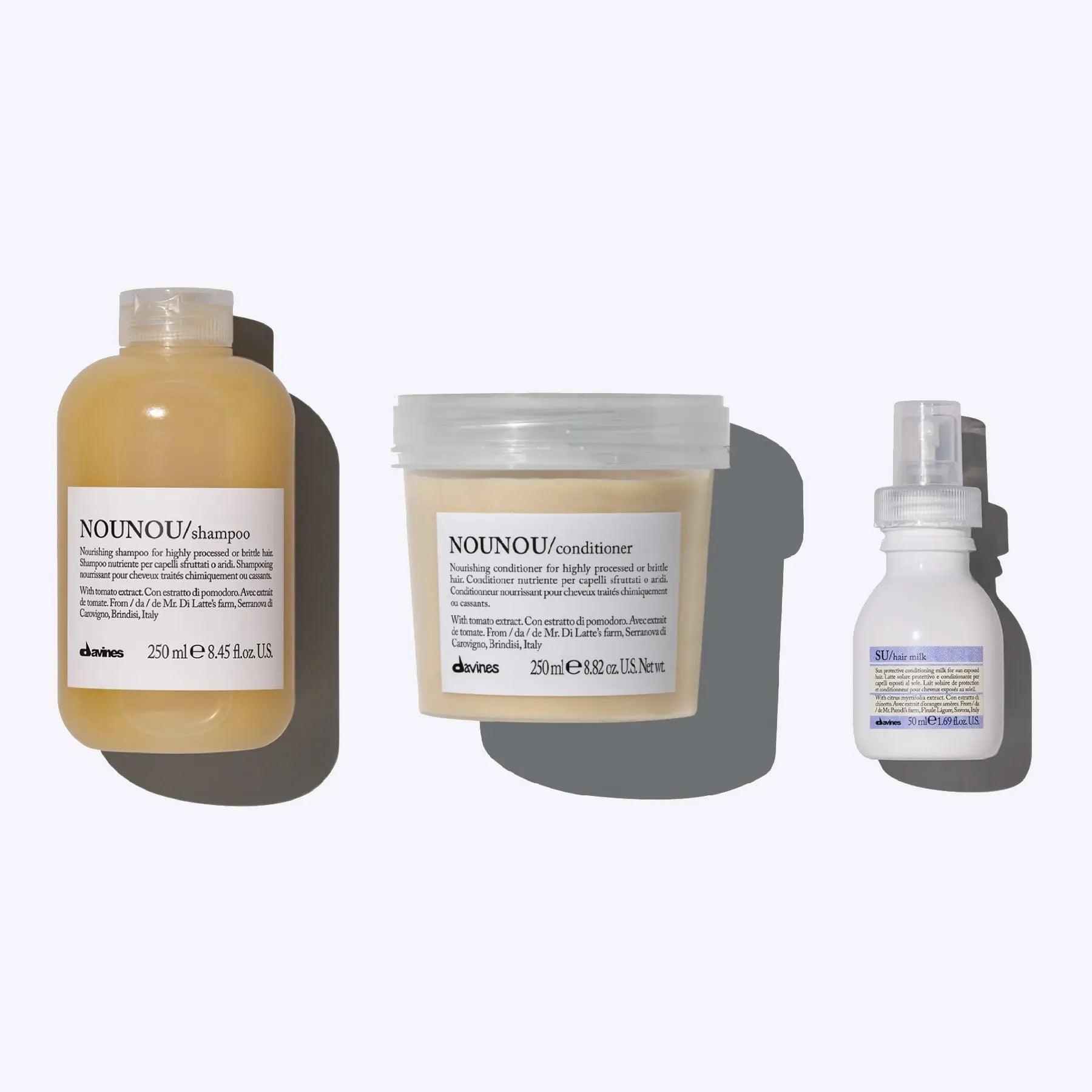 Davines Color + Sun Hydration Set featuring hydrating shampoo, conditioner, and SU Hair Milk for color-treated hair.