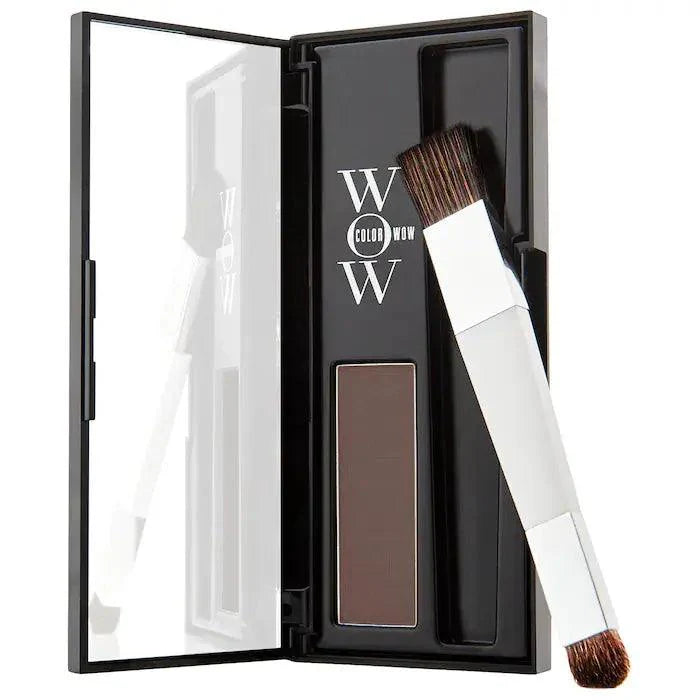 Color Wow Root Coverup Powder in a compact with brush for easy, mess-free application and gray coverage.