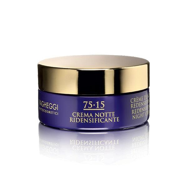 75-15 Redensifying Night Cream in a blue jar with a golden lid for deep skin hydration and anti-aging benefits.