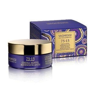 75-15 Redensifying Night Cream in stylish jar with blue packaging, enriched with coconut oil and vitamins for youthful skin.