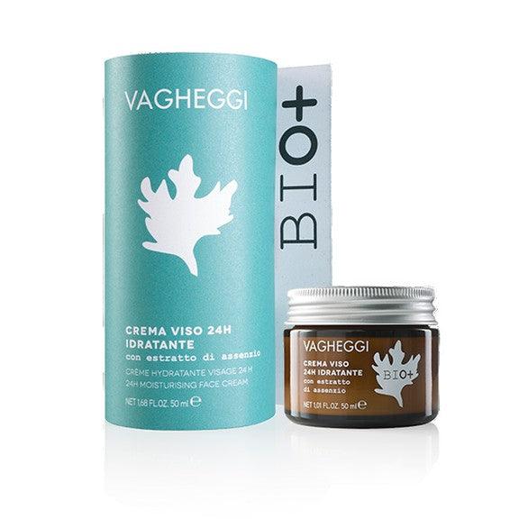 Bio+ 24h Moisturizing Face Cream with absinthe extract, in jar and packaging for hydration and skin protection.