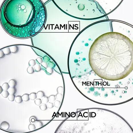 Petri dishes showcasing active ingredients: vitamins, menthol, and amino acids for scalp health and comfort.