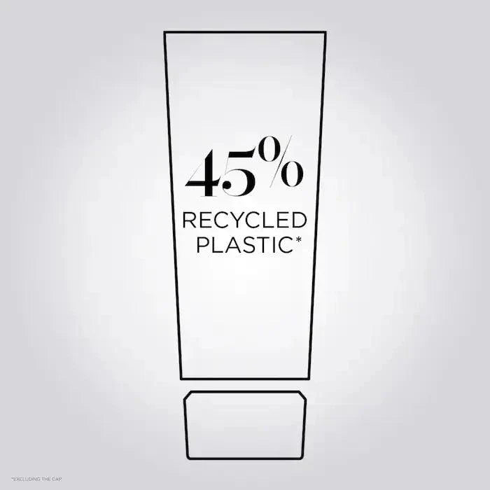 Graphic showing 45% recycled plastic usage in packaging, highlighting sustainability initiative.