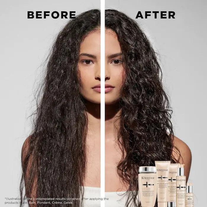 Before and after hair transformation showcasing Kerastase Curl Manifesto Gelée Contour for defined curls and frizz control.