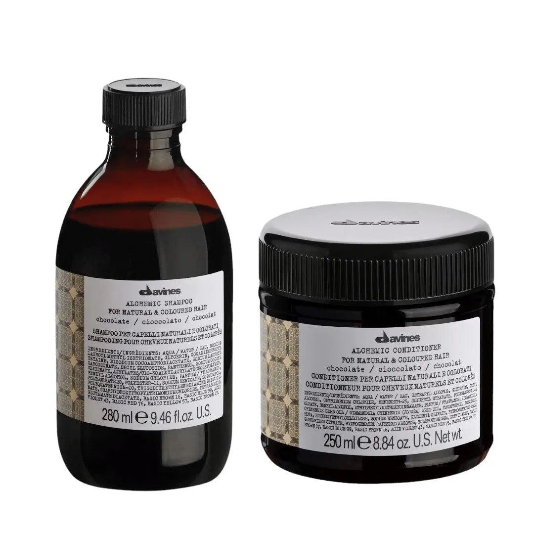 Davines Alchemic Chocolate Shampoo and Conditioner Duo for enhancing dark brown and black hair tones, 280ml and 250ml packaging.