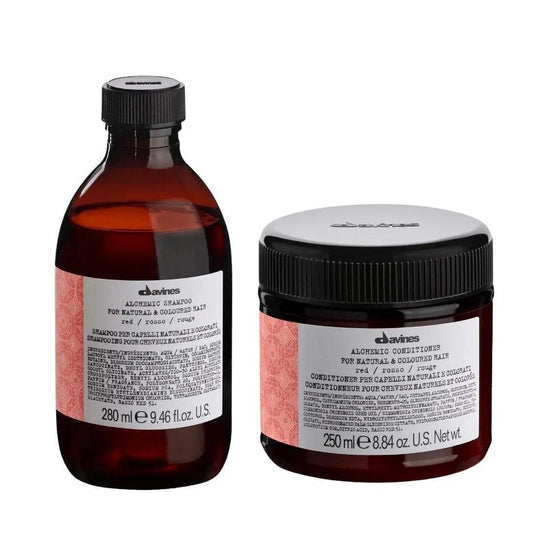 Davines Alchemic Red Shampoo and Conditioner Duo in 250 ml jars for enhancing warm red tones in hair.