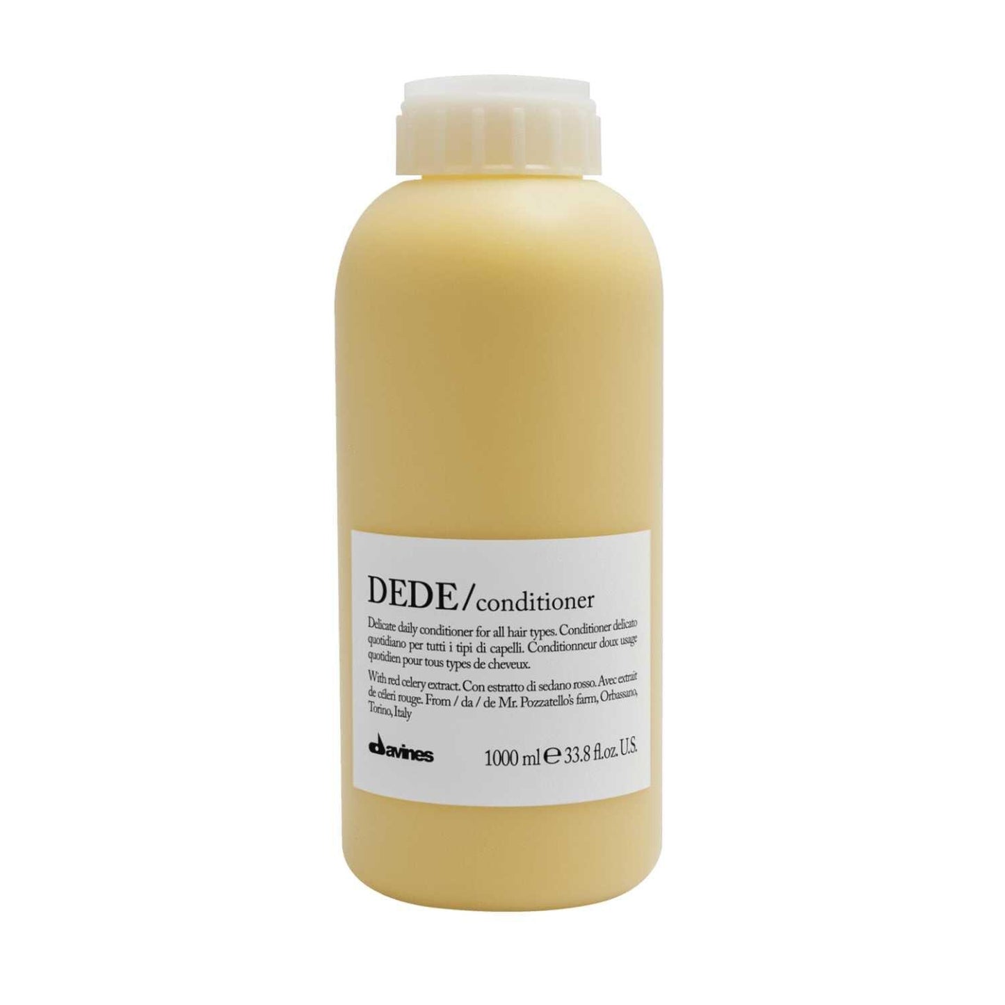 Davines Essential Haircare DEDE Conditioner 1000ml in a yellow bottle for lightweight moisturizing for fine hair.