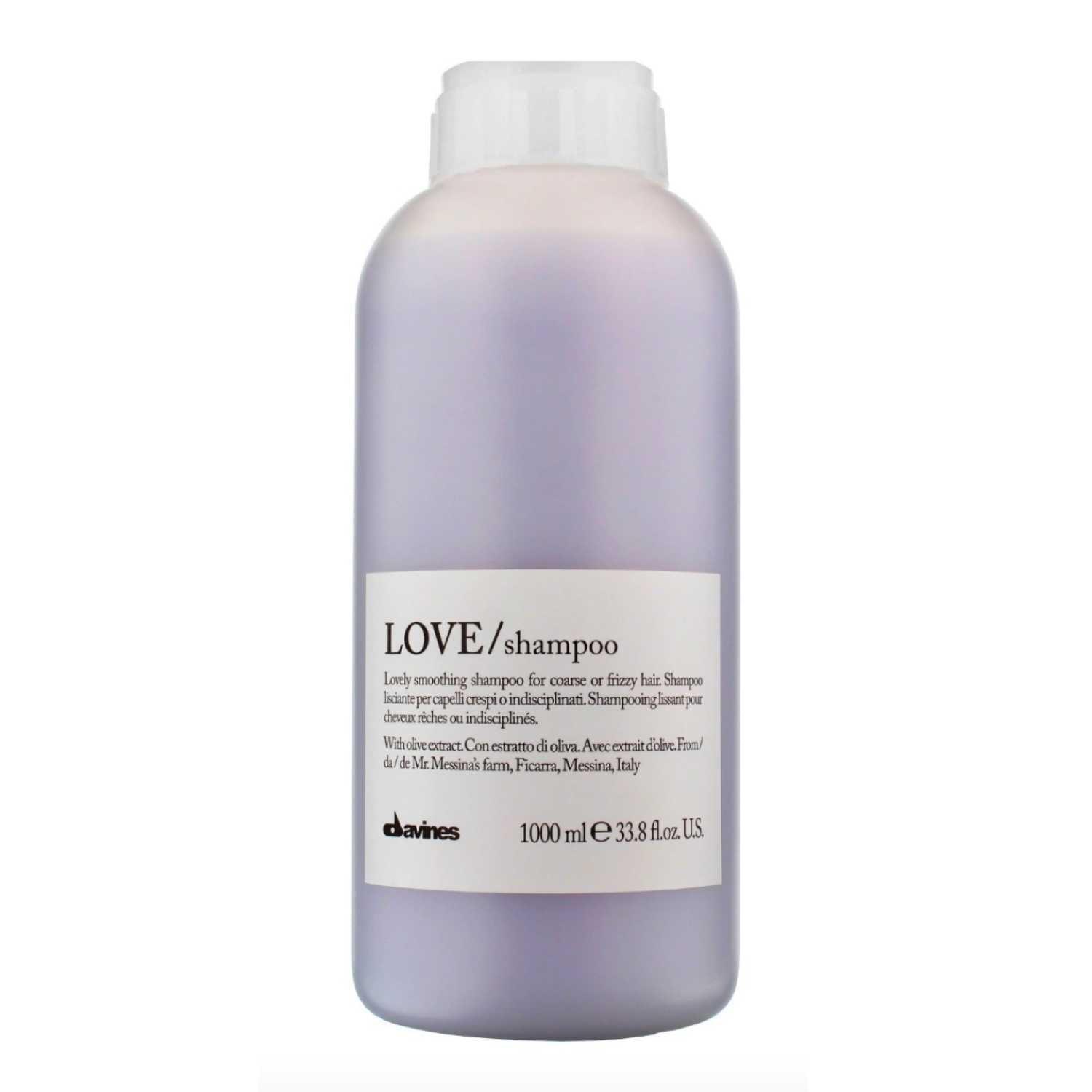 Davines Essential Haircare LOVE Smoothing Shampoo 1000ml bottle for frizzy hair with gentle cleansing and anti-frizz benefits.