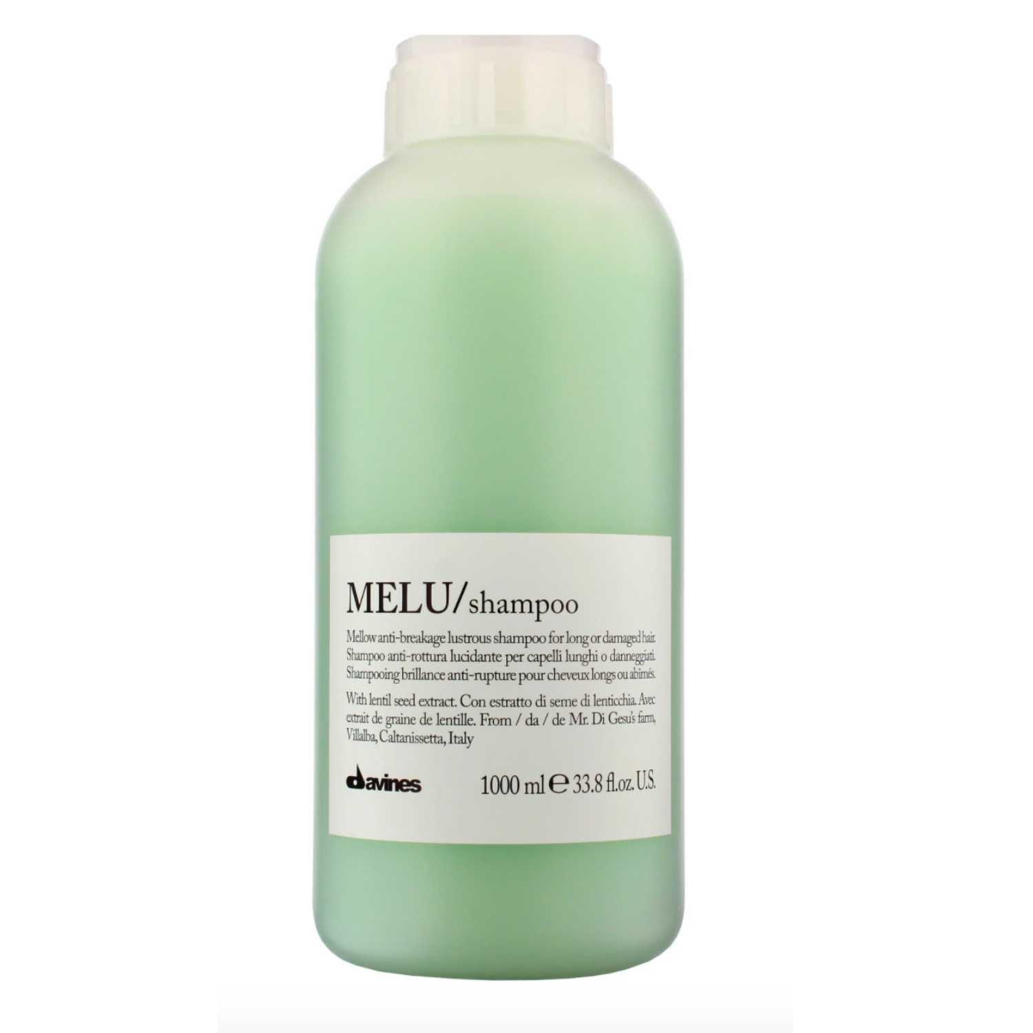 Davines MELU Shampoo Liter bottle for anti-breakage and elasticizing care for long or damaged hair, 1000ml size.