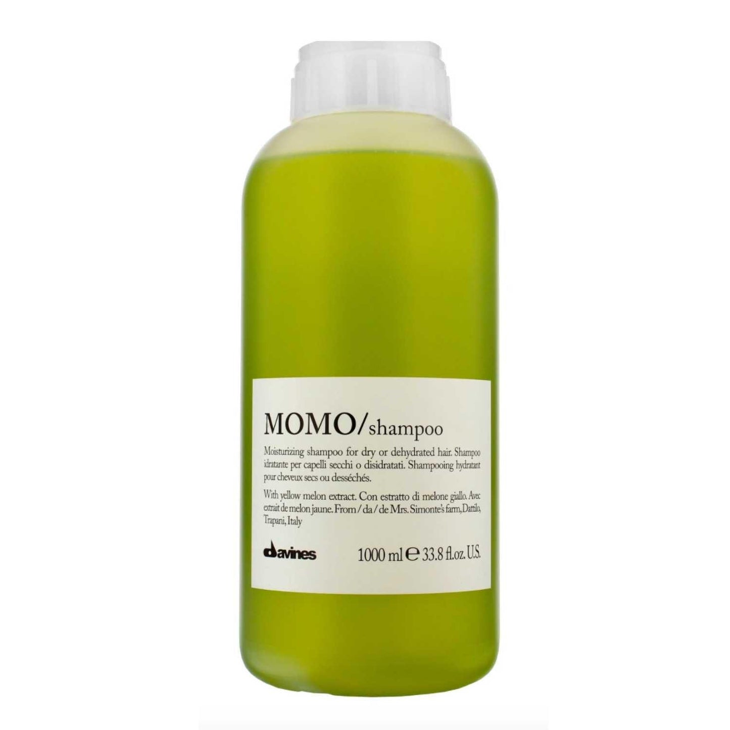 Davines Essential Haircare MOMO Shampoo 1000ml bottle for hydrating dry and dehydrated hair with gel texture.