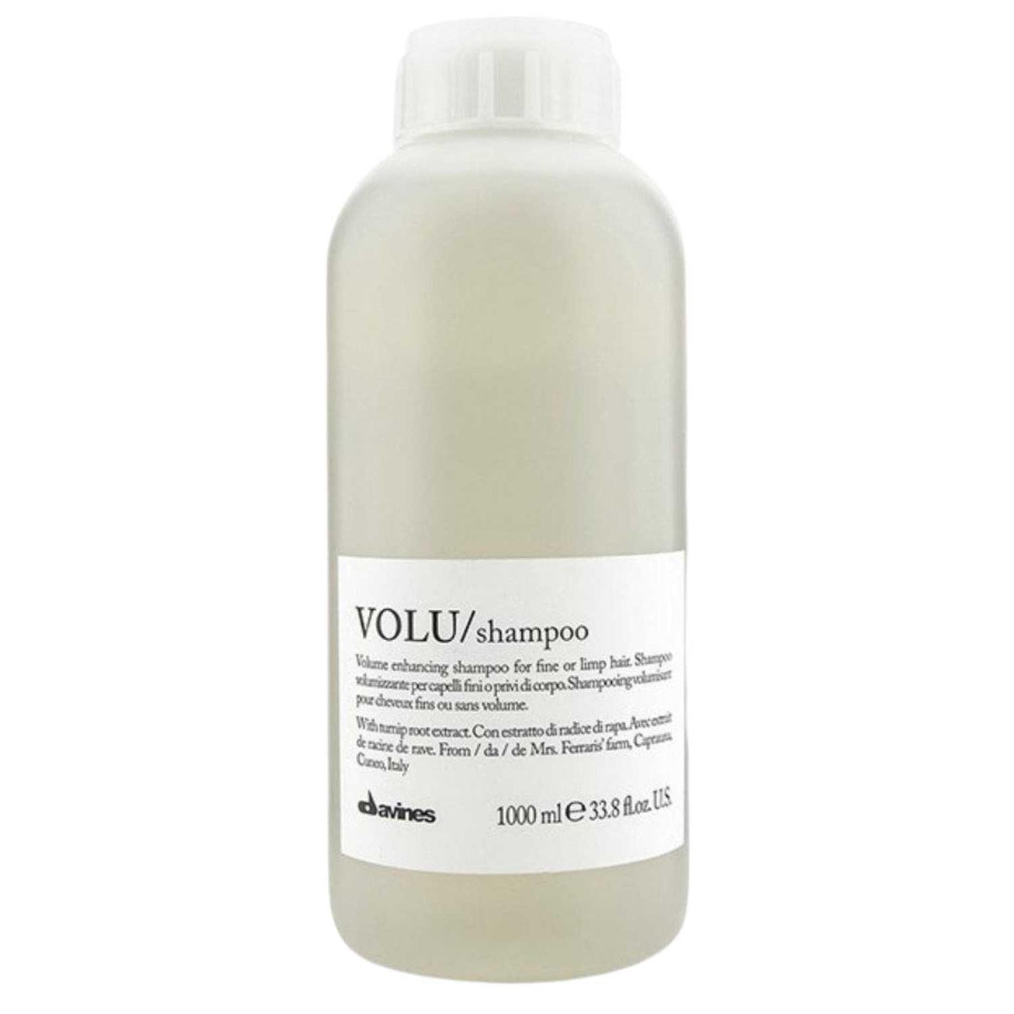 Davines Essential Haircare VOLU Shampoo 1000ml for fine, limp hair, enhances volume and softness with a light, foamy formula.