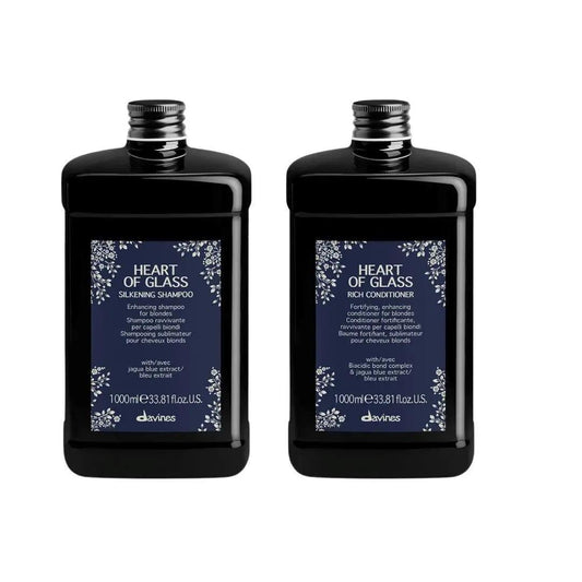 Davines Heart of Glass 1000ml Duo featuring Silkening Shampoo and Rich Conditioner for beautiful blonde hair care.