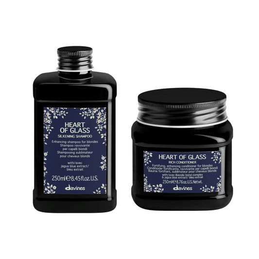 Davines Heart of Glass Shampoo and Conditioner duo in 250 ml packaging, designed for enhancing blonde hair tones.