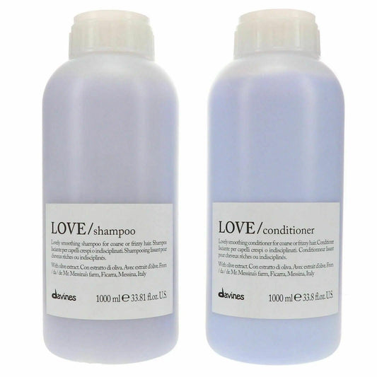 Davines Love Smoothing Pro Size Shampoo and Conditioner duo bottles for frizzy hair, 1L each, featuring creamy foam formula.