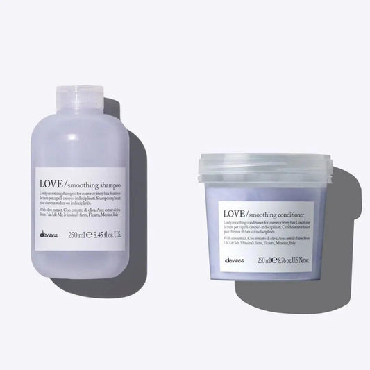 Davines Love Smoothing Shampoo and Conditioner Duo 250ml for frizz control and shiny, elastic hair.