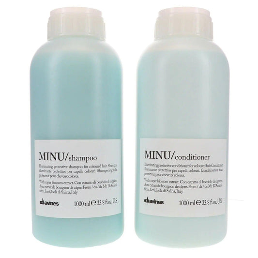 Davines Minu Pro Size Shampoo and Conditioner 1L Duo for colored hair, offers shine and color protection with natural ingredients.