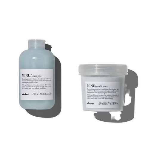 Davines Minu Shampoo and Conditioner Duo 250ml for colored hair, providing shine and hydration.