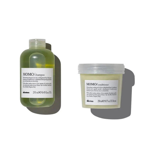 Davines Momo Moisturizing Shampoo and Conditioner Duo for dry hair, featuring a gel shampoo and creamy conditioner.