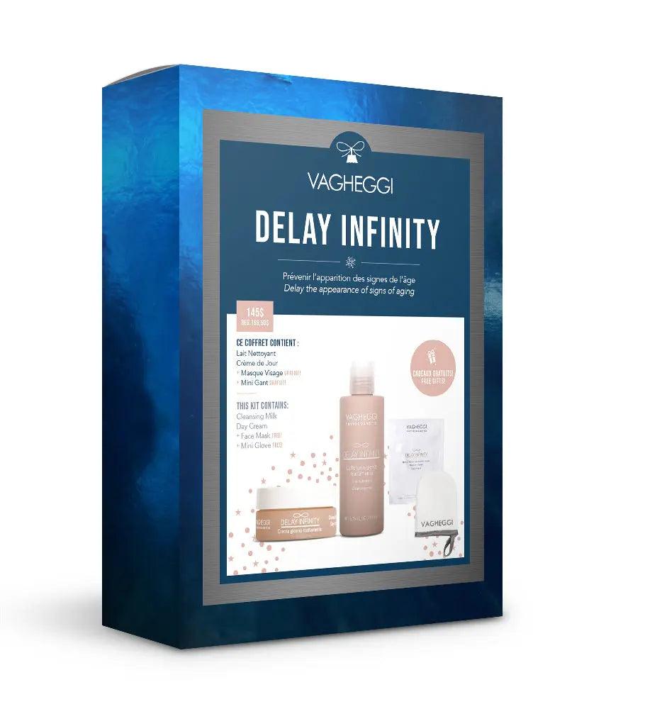 Delay Infinity Christmas Gift Set featuring cleansing milk, day cream, face mask, and mini glove for youthful skin.