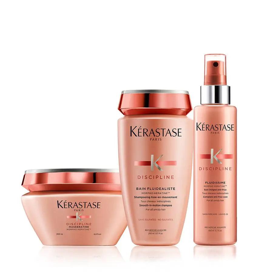 Kérastase Discipline hair care products for frizz control and smoothness, including shampoo, conditioner, and spray.