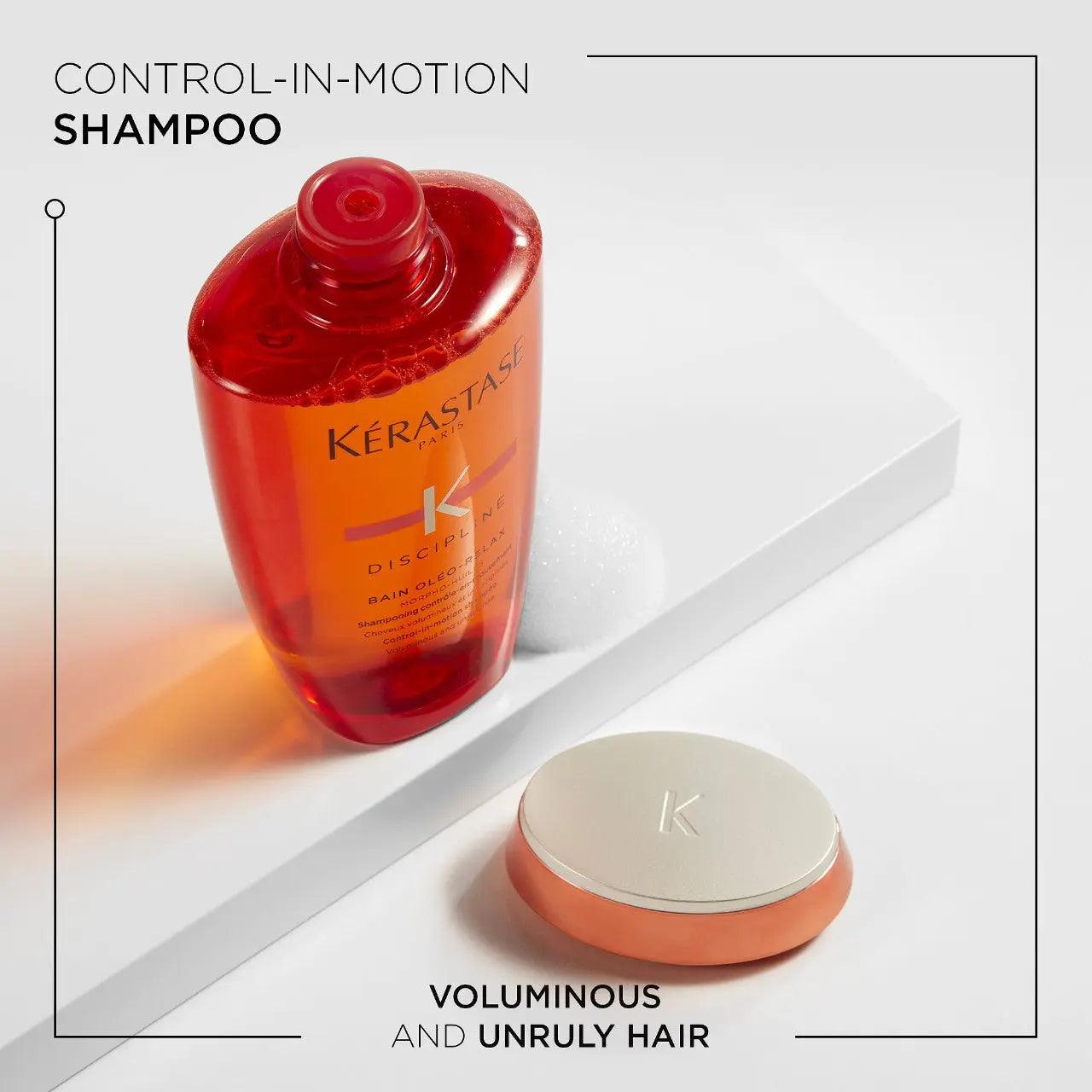 Kérastase Discipline Bain Oléo-Relax shampoo bottle for controlling frizz and nourishing unruly hair.