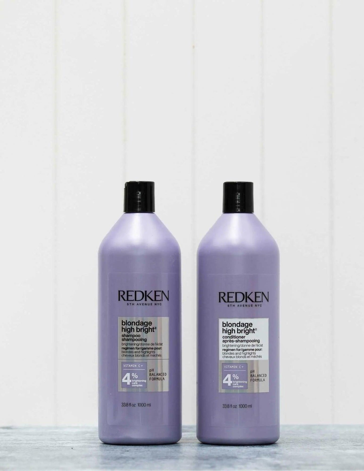 Redken Duo Liters Blondage High Bright Shampoo and Conditioner for vibrant, color-treated blonde hair.