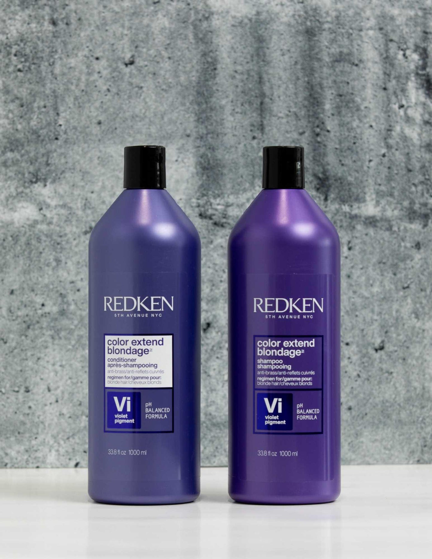 Redken Color Extend Blondage Shampoo and Conditioner Duo Liters on a textured background, ideal for blonde and color-treated hair.