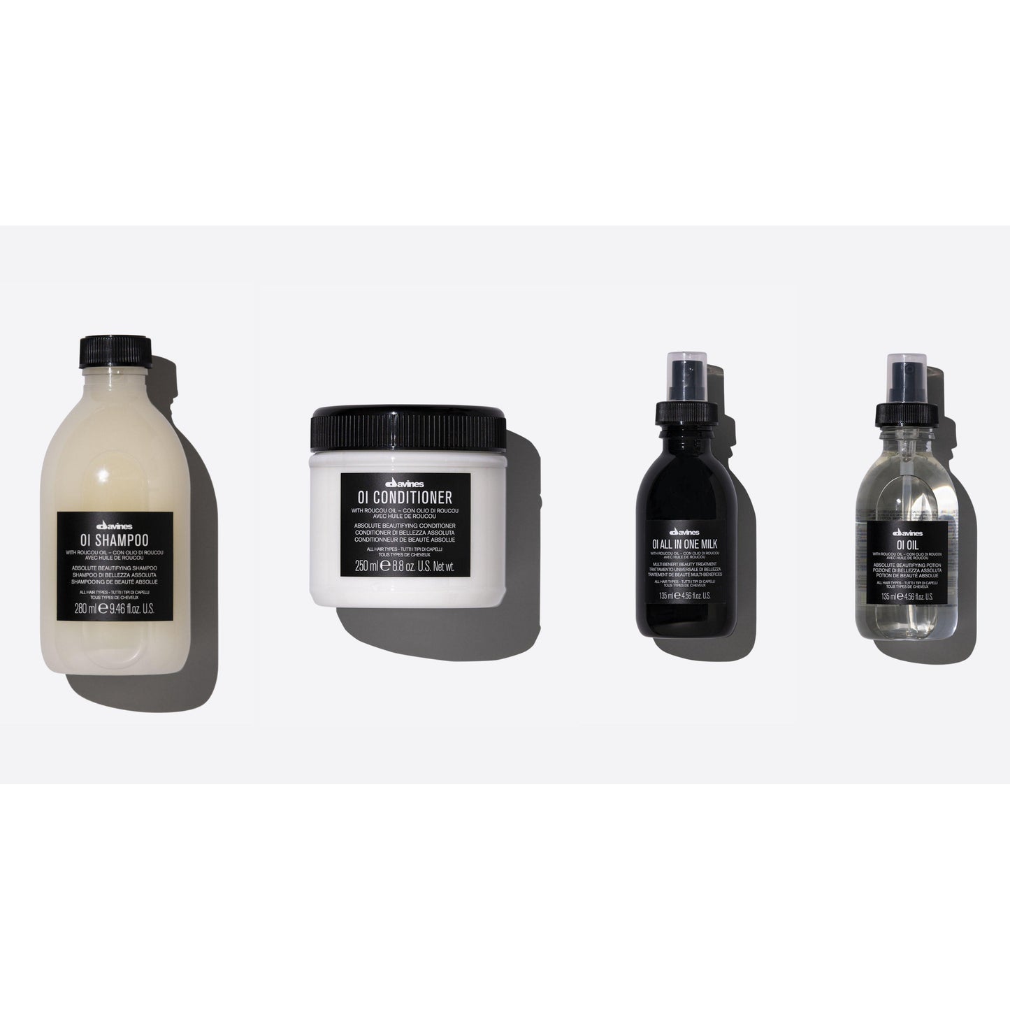 Davines Oil Shampoo, Conditioner, Milk, and Oil for nourishing and styling hair for effortless waves.