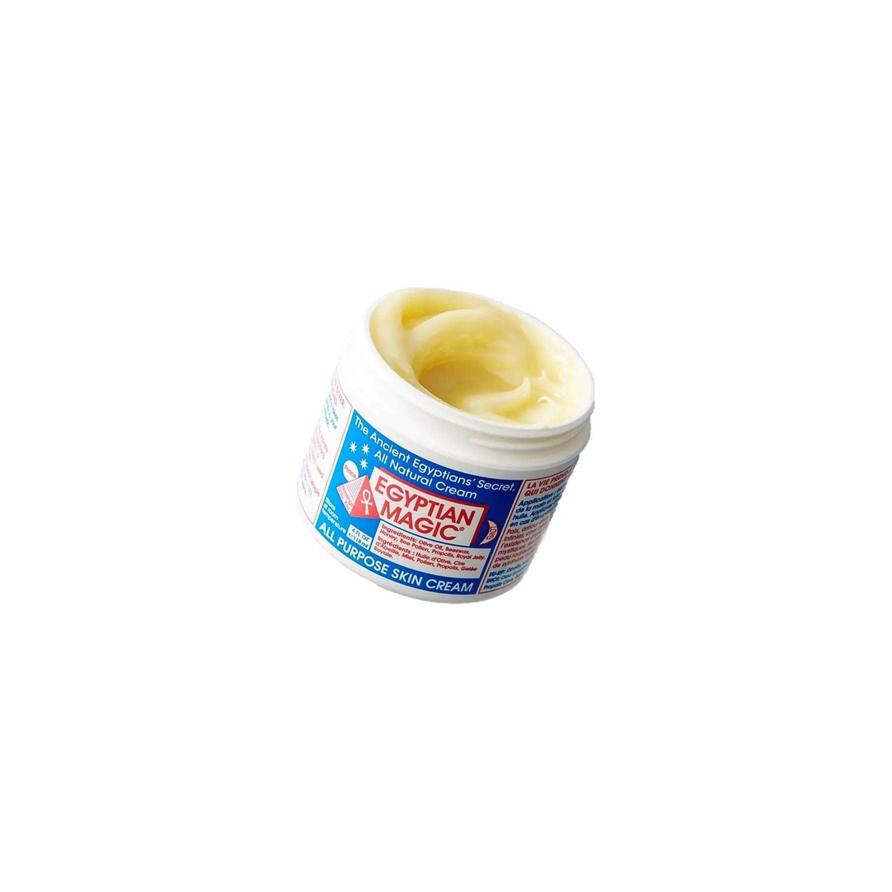 Egyptian Magic all-purpose skin cream in open jar, natural skincare product for dry skin and healing, beauty treatment cream