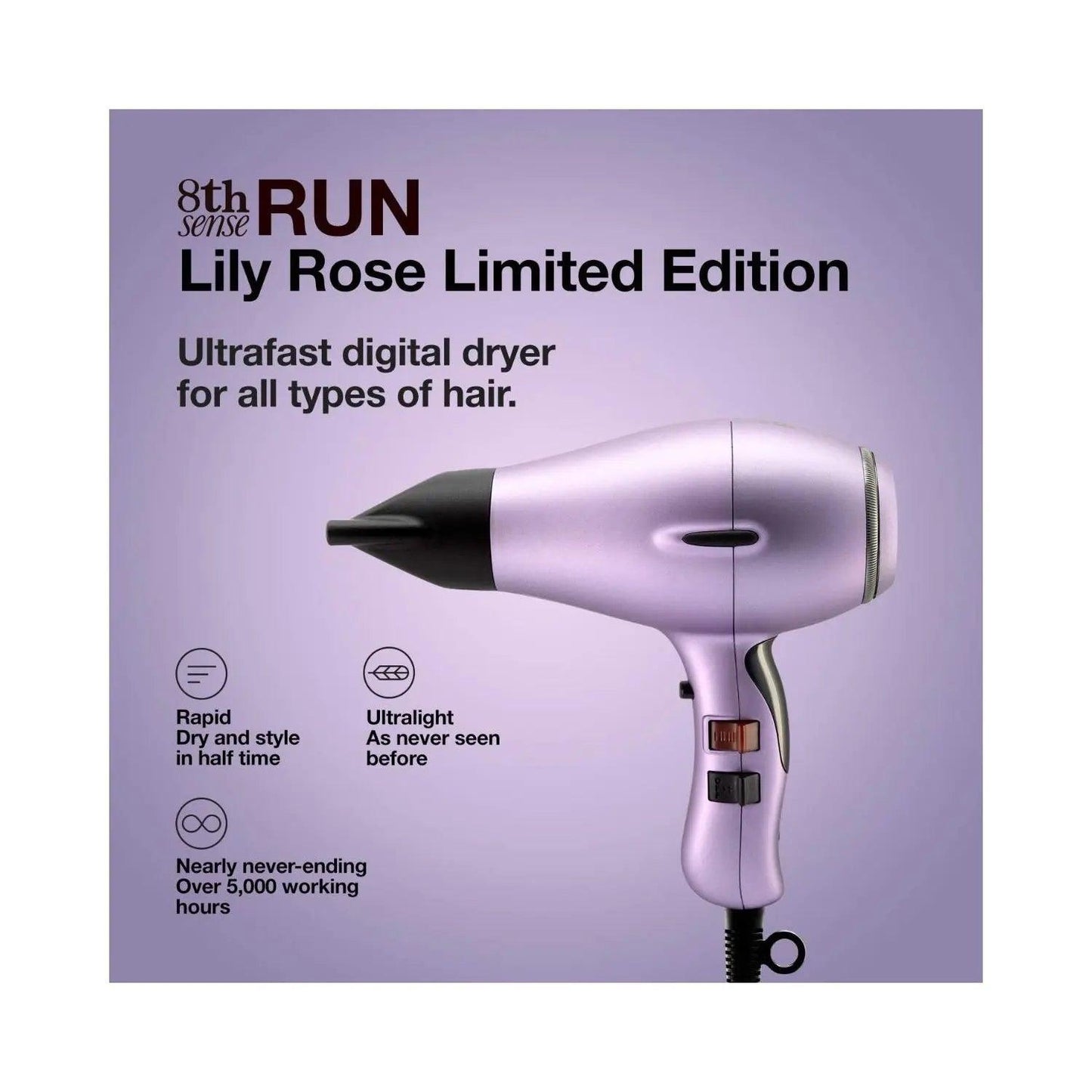 Elchim 8th Sense RUN Lily Rose Limited Edition hair dryer, ultrafast digital technology for all hair types, lightweight and powerful.