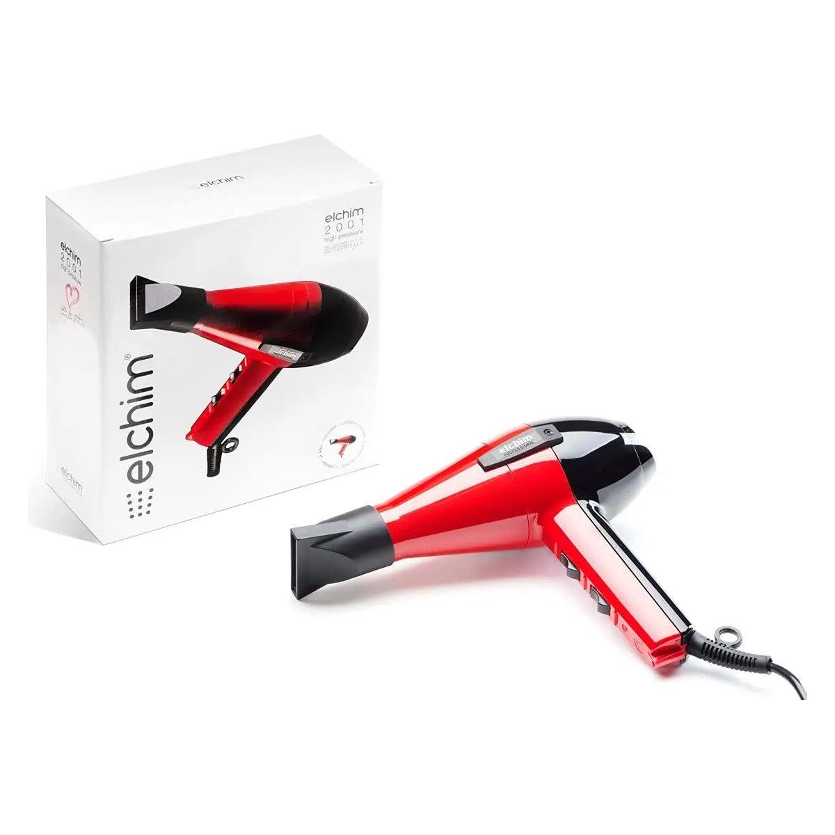 Elchim Classic 2001 professional hair dryer in red with packaging, featuring lightweight design and high airflow for quick drying.