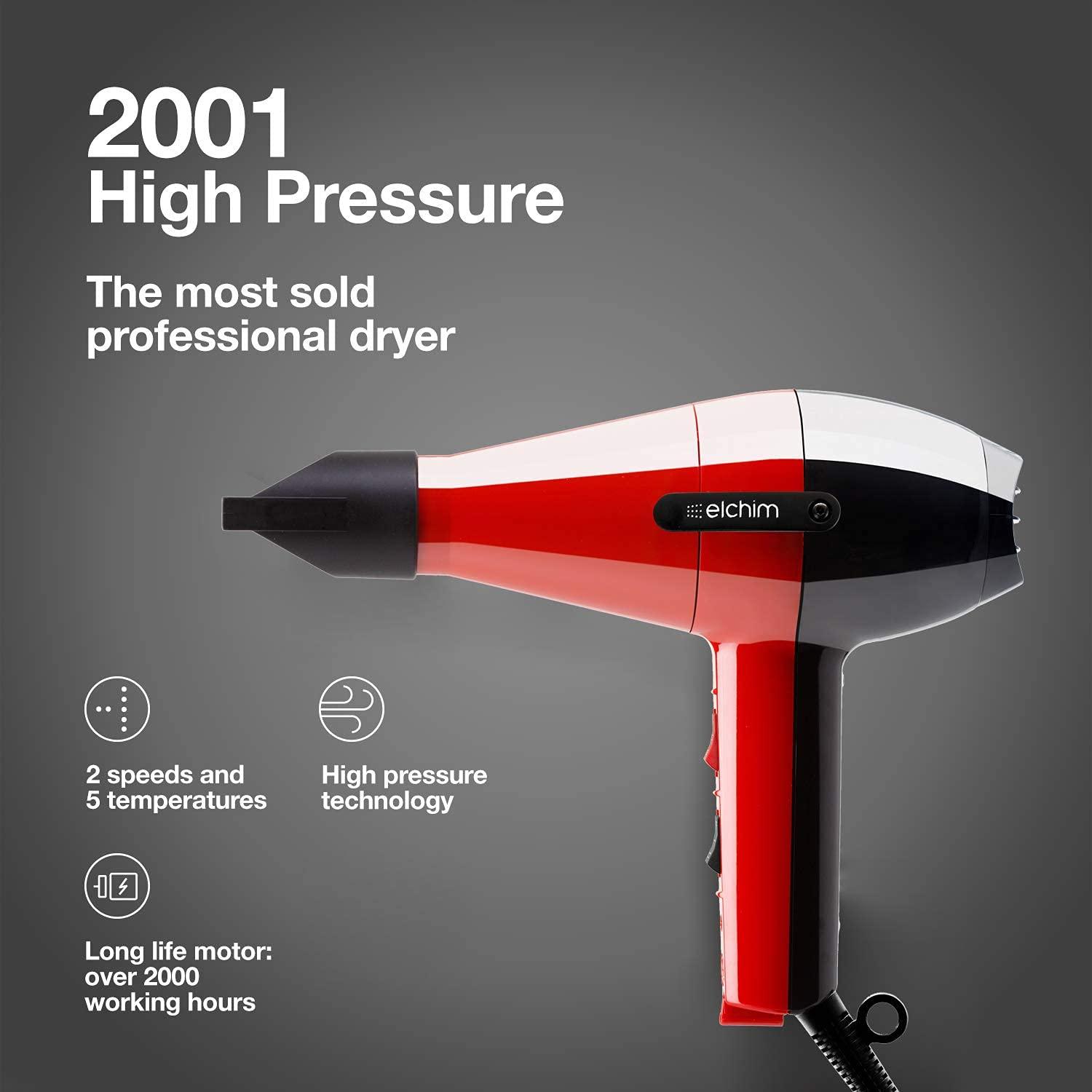 Elchim Classic 2001 professional hair dryer showcasing high pressure technology, 2 speeds, and 5 temperature settings.