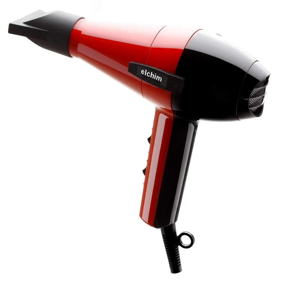 Elchim Classic 2001 professional hair dryer in red and black, featuring a lightweight design and high-pressure airflow.