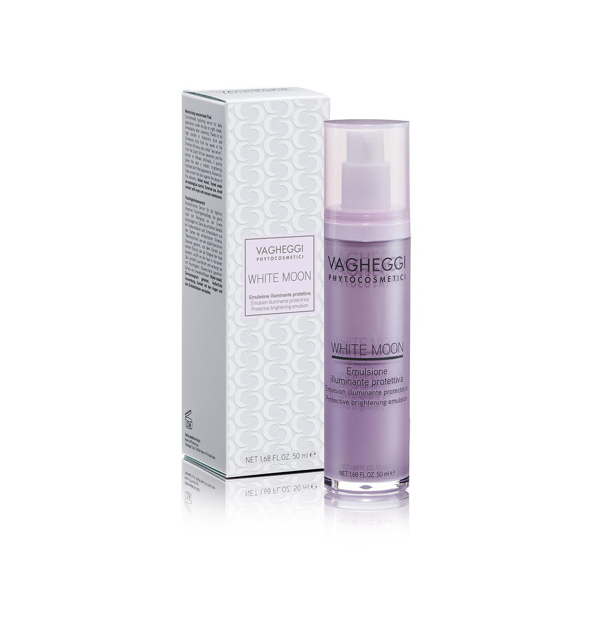 White Moon Protective Brightening Emulsion by Vagheggi in a sleek purple bottle with packaging, ideal for skin hydration and illumination.