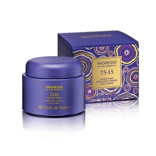75-15 Face Scrub by Vagheggi in purple jar and box, featuring rich butters and oils for radiant skin.