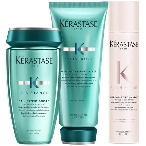 Kérastase Resistance Bain Extentioniste shampoo, Fondant Extentioniste conditioner, Refreshing Dry Shampoo for hair care.