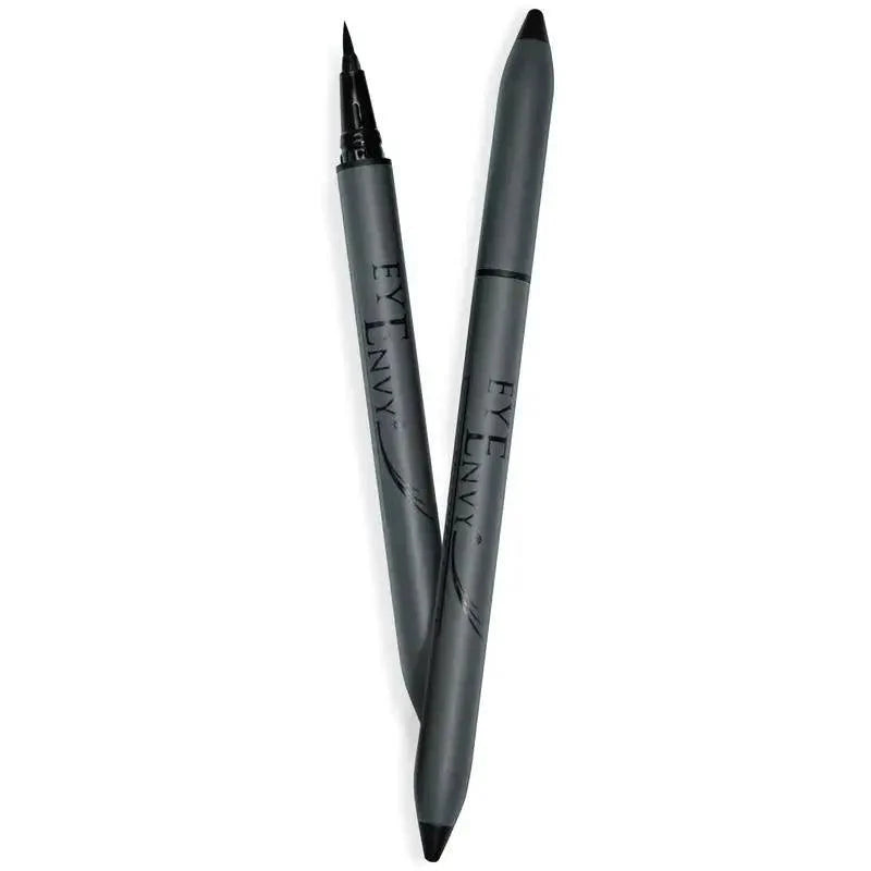 Eyedefine By Eyenvy® black liquid eyeliner pens placed at an angle, showcasing their sleek design and applicator tips.