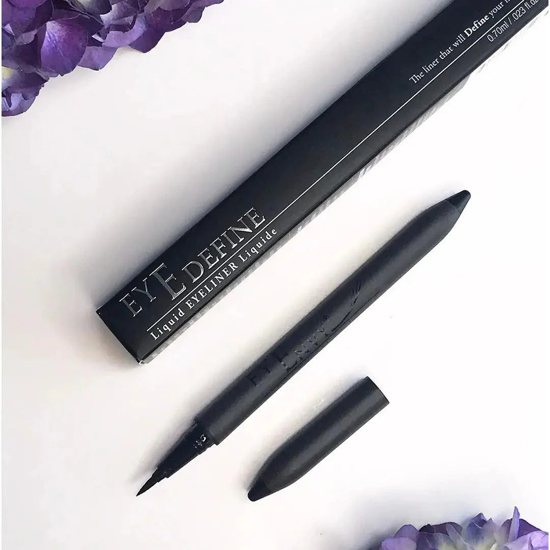 Eyedefine liquid eyeliner packaging and applicator, offering precision and water-resistant application for perfect lines.