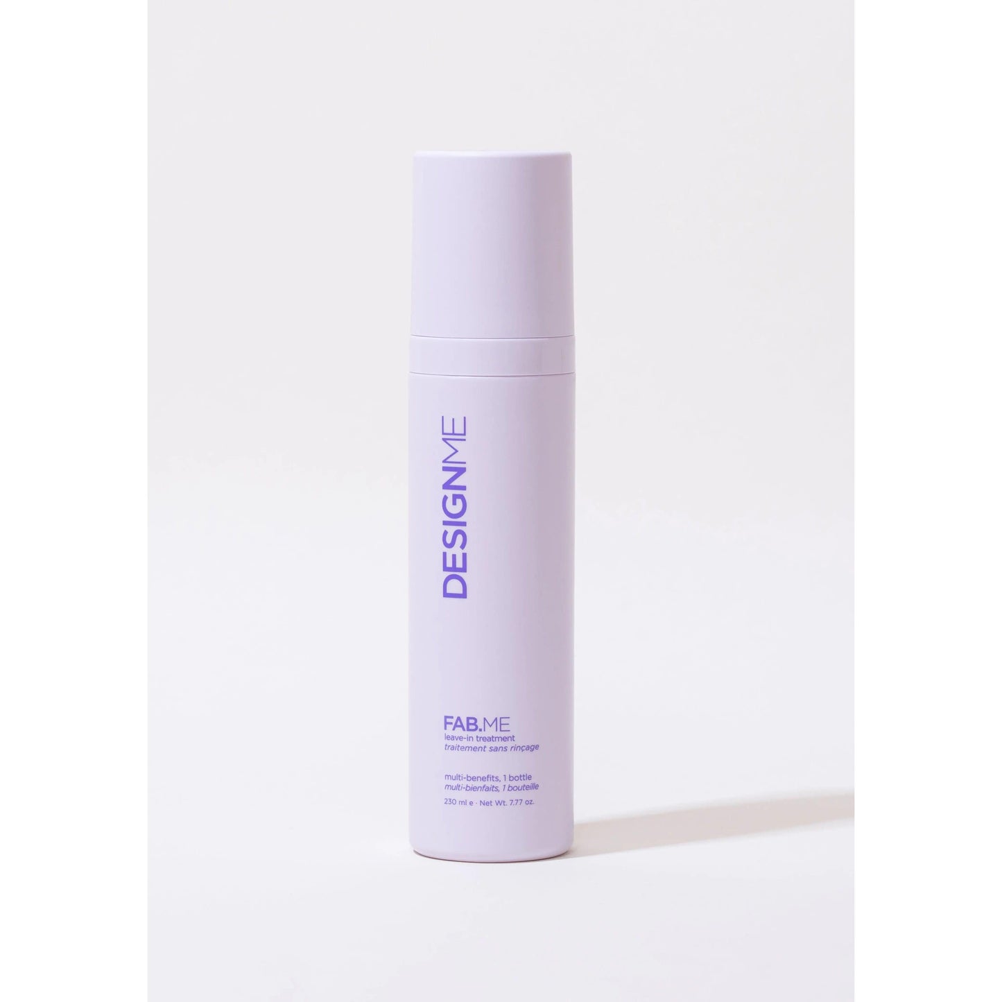 Design.ME Fab.Me multibenefit hair lotion bottle on white background, purple text, hair care product for hydration and volume