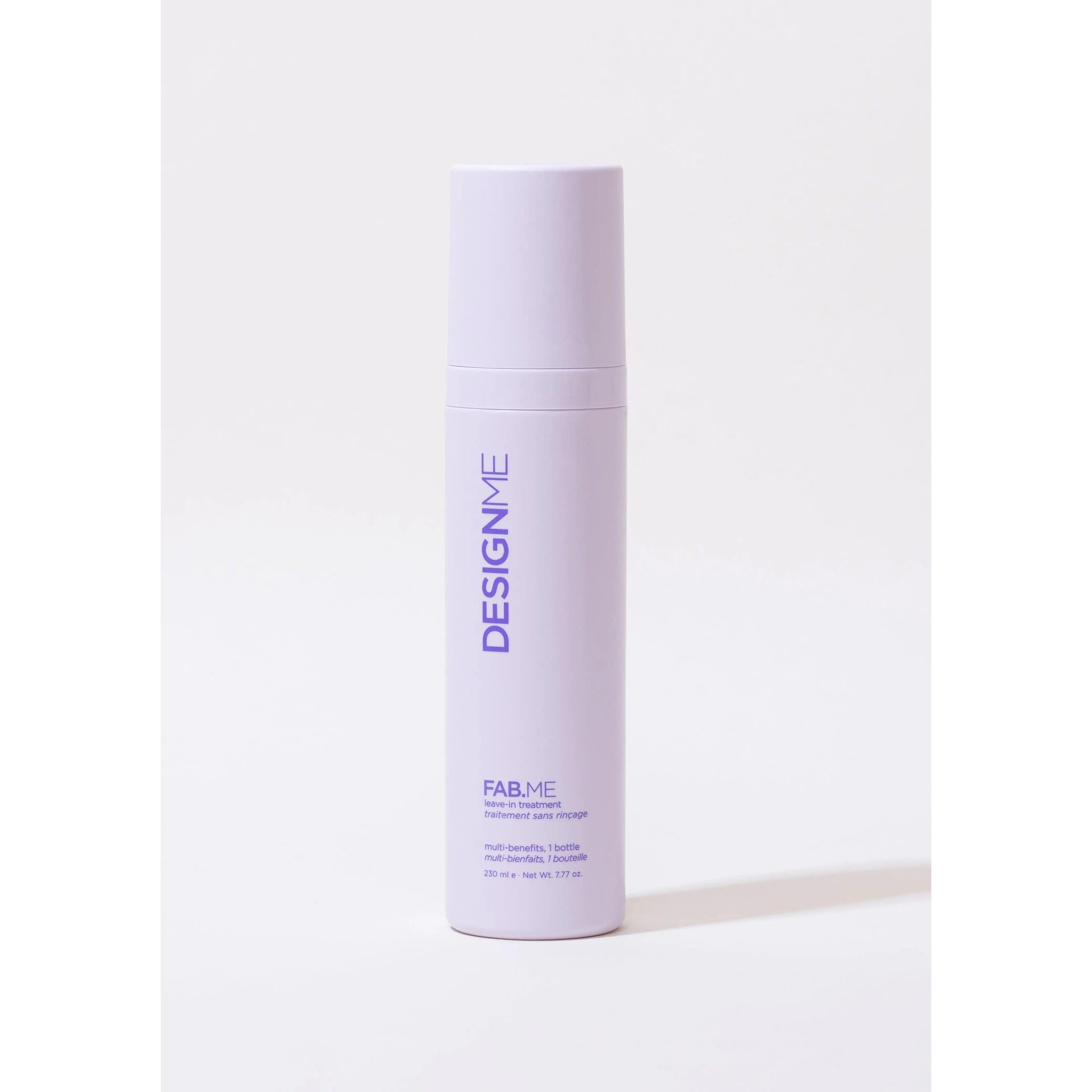 Design.ME Fab.Me multibenefit hair lotion bottle on white background, purple text, hair care product for hydration and volume