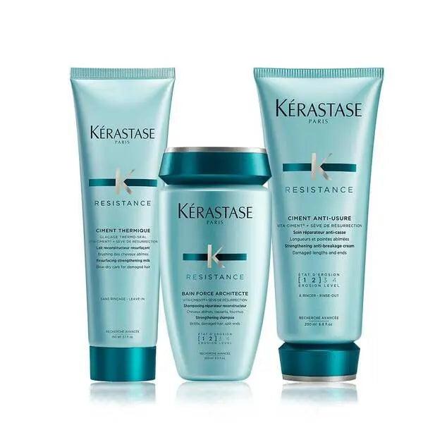Kérastase Resistance hair care products, including Bain Force Architecte shampoo, Ciment Anti-Usure conditioner, and Ciment Thermique treatment.