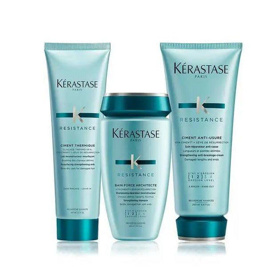 Kérastase Resistance hair care products, including Bain Force Architecte shampoo, Ciment Anti-Usure conditioner, and Ciment Thermique treatment.