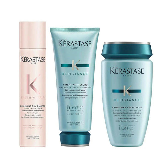 "Kerastase Resistance hair care products - dry shampoo, anti-breakage treatment, and reconstructive shampoo."