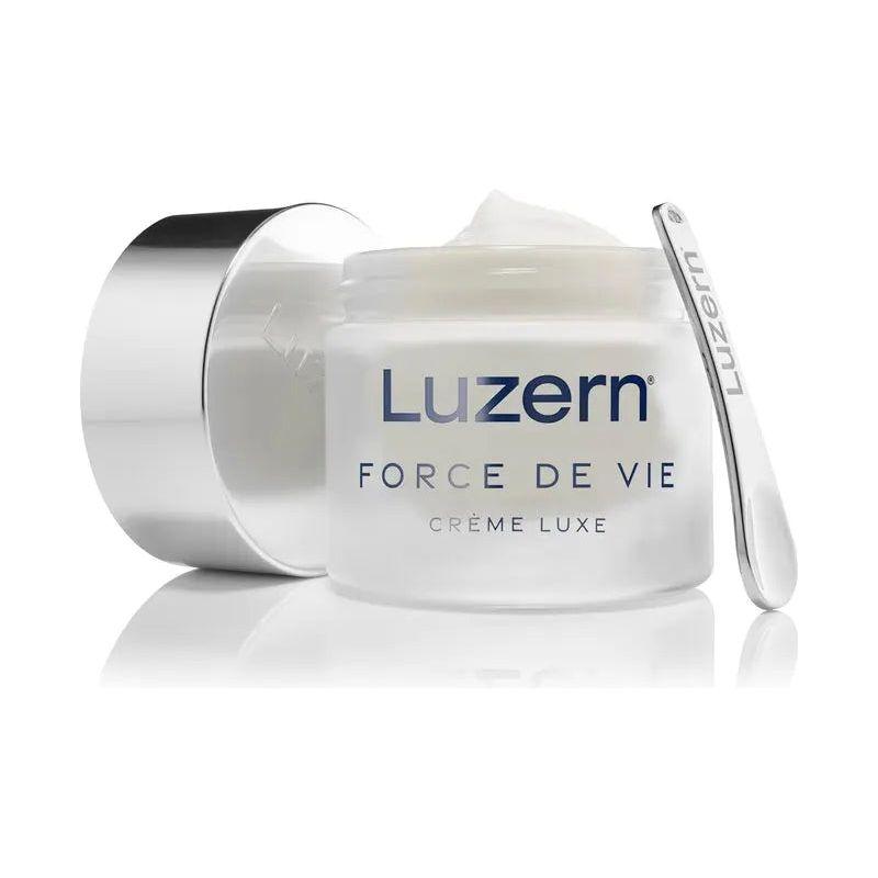 Luzern Force de Vie Crème Luxe anti-aging moisturizer jar with silver spoon applicator