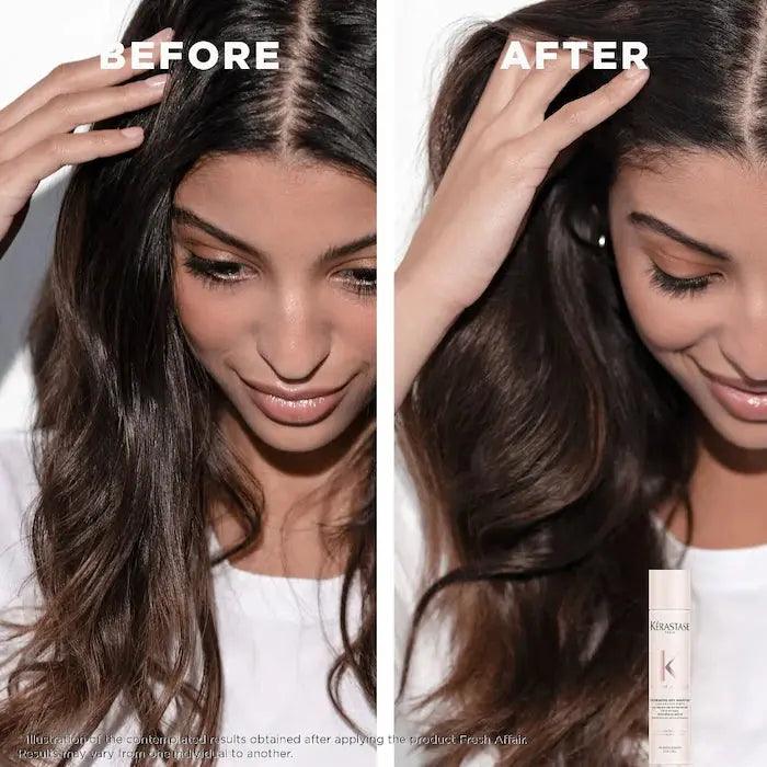 Before and after hair transformation with Kerastase Fresh Affair dry shampoo for smoother, shinier hair.