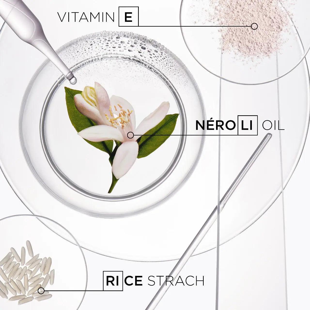 Skincare ingredients including Vitamin E, Neroli oil, and rice starch displayed in scientific glassware.