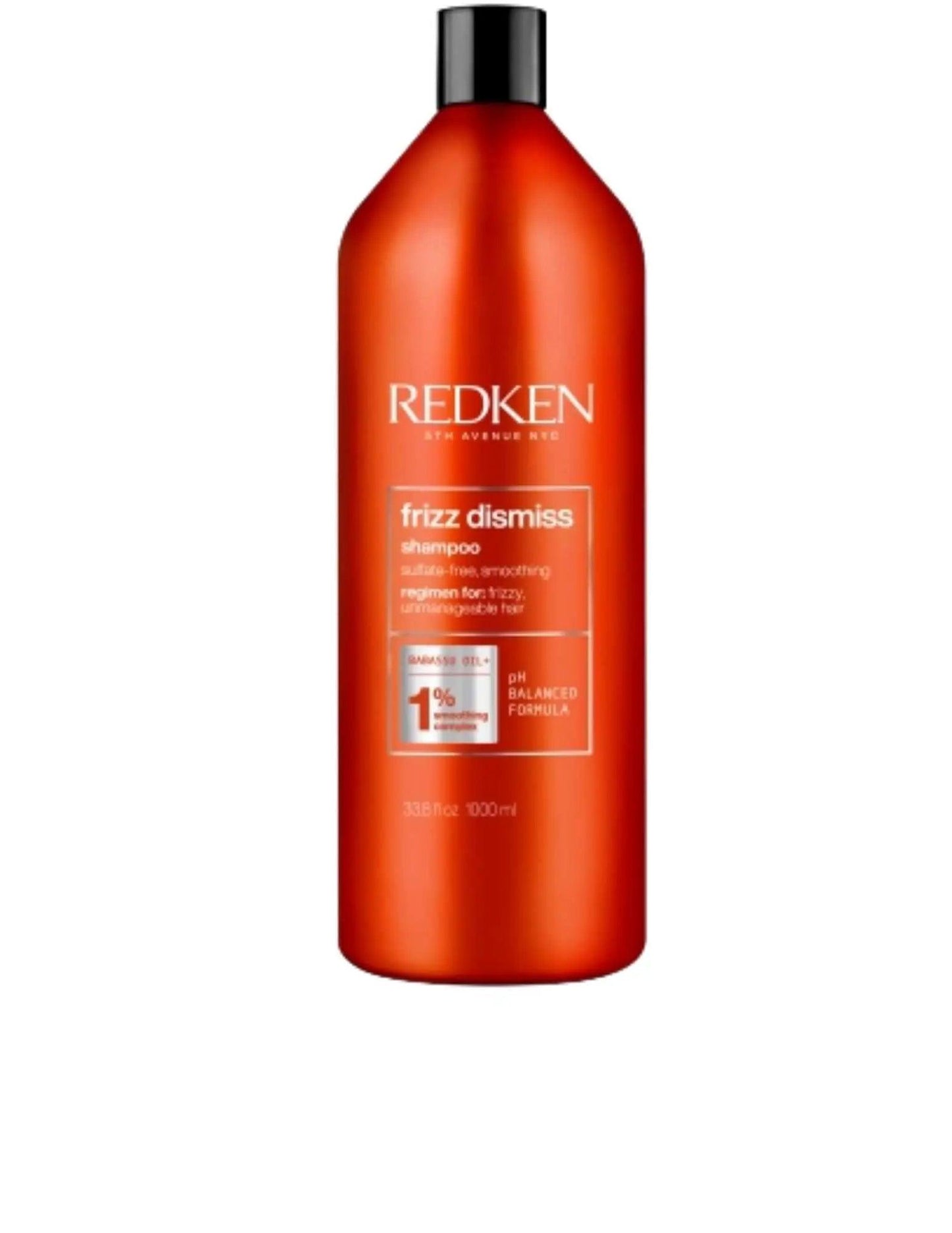Redken Frizz Dismiss Shampoo 1L bottle designed to control frizz and smooth all hair types for a polished finish.
